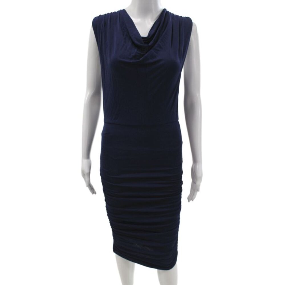 Alice + Olivia Women Pencil Dress Dark Blue Mock Neck Zip Midcalf Size S